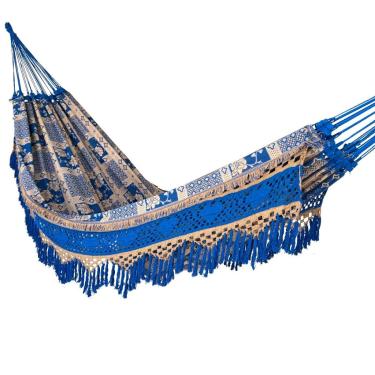Imagem de Rede de Dormir Casal Indiana Artesanal 100% Algodão Luxo 4,20m – Rede de Descanso Reforçada para Varanda e Jardim(AZUL CARAMELO)