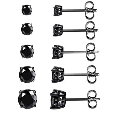 Imagem de MDFUN Conjunto de 5 pares de brincos masculinos banhados a ouro preto de 3 a 7 mm, redondos e quadrados, joias hipoalergênicas femininas, Aço inoxidável, Cristal