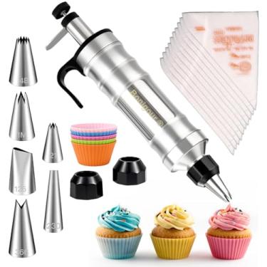 Imagem de Bonigour Conjunto de seringas para decoração de sobremesa | Kit de tubulação de geada, ferramentas de decoração, 6 bocais de confeiteiro | Kit de confeiteiro de aço inoxidável, 5 cupcakes de silicone