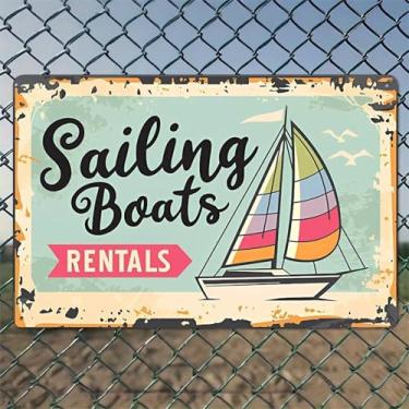 Imagem de Barcos à vela ALUGUEL Arte de parede de alumínio rústico e placa de metal - 20,3 x 30,5 cm decoração vintage para ambientes internos e externos para casa, escritório, café, quintal e fazenda de jardim