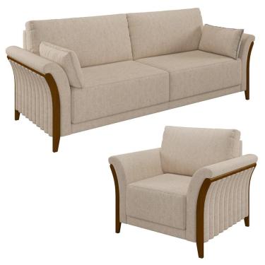 Imagem de Kit Sofá Living 3 Lugares E Poltrona 102cm Pés Madeira Roya M22 Linho Cru - Mpozenato