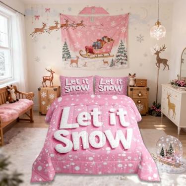 Imagem de Conjunto de edredom infantil Happy Winter, tamanho Queen, flocos de neve, feliz Natal, decoração de quarto de meninas, meninos, edredom de fantasia sonhadora, edredom rosa, conjunto de colcha para