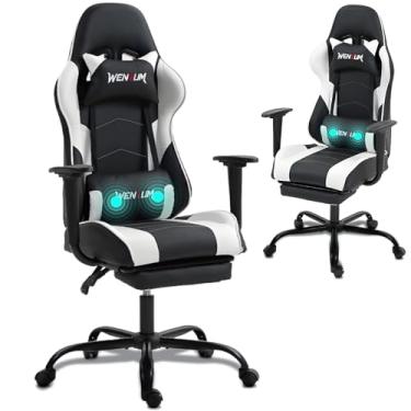 Imagem de WENTUM Cadeira de jogos de couro ergonômica para computador para adultos – encosto alto, apoio de cabeça, suporte lombar de massagem, assento ajustável de altura, apoio para os pés – cadeira de