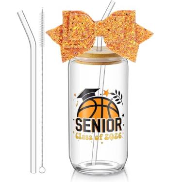 Imagem de Hushee Class of 2026 Senior Night Gifts Garrafa de água de vidro de 473 ml com tampas Canudos Glitter Bow Straw Topper Senior 2026 Tumbler Presente de Formatura para Mulheres Treinadoras de Equipe