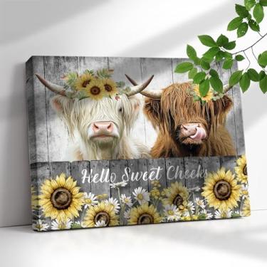 Imagem de Arte de parede de vaca Highland rústica casa de fazenda animal casa de banho decoração de arte de parede de banheiro preto e branco decoração de arte de parede de girassol vaca pintura em tela