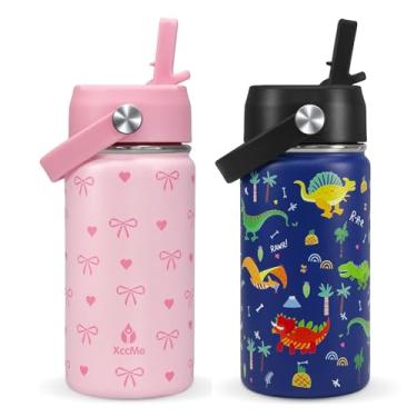 Imagem de XccMe Garrafa de água infantil com tampa de palha, garrafa de viagem de aço inoxidável 400 ml, copo infantil à prova de vazamento de parede dupla, copo isolado para crianças, garrafa de metal para