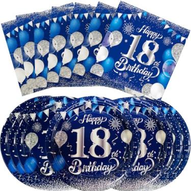 Imagem de Conjunto de 40 peças para festa de 18 anos, incluindo prato de sobremesa azul marinho de 18 cm e guardanapos de aniversário de 18 anos, adequado para 20 convidados em festas de aniversário de meninos