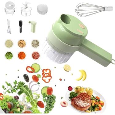 Imagem de Cortador de vegetais sem fio portátil multifuncional – Processador elétrico de alimentos 4 em 1 para cortar, fatiar, ralar e bater, com escova de limpeza e cabo de carregamento