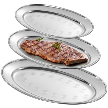 Imagem de LUMINFLY Bandeja de servir, aço inoxidável, seguro para alimentos, polido espelhado, conjunto de 3 peças, bandeja de garçom, travessas ovais grandes de metal para jantares, festas, restaurantes