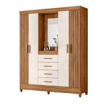 Imagem de Guarda Roupa Atenas Quarto Casal 4 Portas 4 Gavetas Espelho Freijo Com Off White