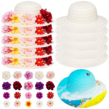 Imagem de Chapéus de palha DIY Tea Party com flores falsas: 10 peças de chapéus de palha e 60 peças de flores de seda para fantasia de família e chapéus de cowboy com flores artificiais de cerejeira