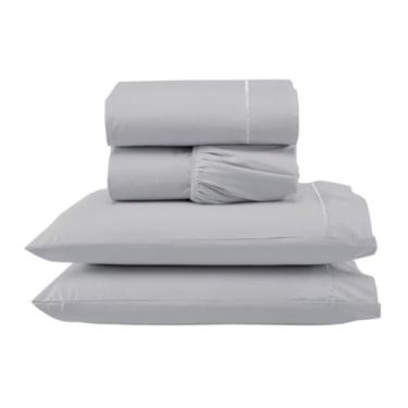 Imagem de Jogo de Lençol com e sem Elástico e 02 Fronhas - 4 Peças para Cama Casal King, Micropercal 300 Fios, 100% Poliéster, Bordado Ponto Palito (Versátil Completo/Cinza, Jogo Lençol Casal King 4 Pçs)