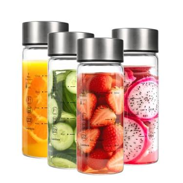 Imagem de Lucidora 4 garrafas de vidro de 350 ml com tampas, garrafas de água de vidro de boca larga com marcações de medição, garrafa de borossilicato reutilizável para sucos, vitaminas, tampas de aço