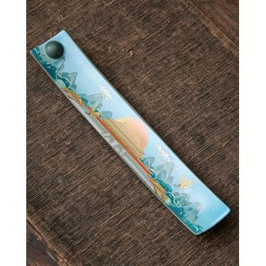 Imagem de TEAVOR Suporte de incenso chinês com apanhador de cinzas - Queimador de incenso de cerâmica com pintura antiga, para meditação zen, decoração de casa e presente