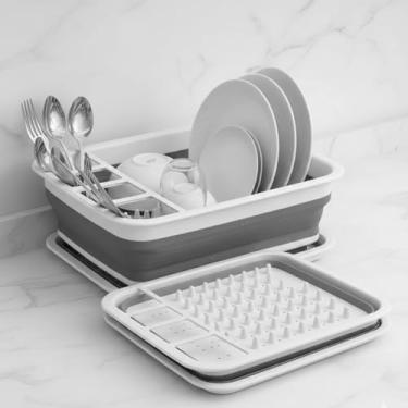 Imagem de Escorredor de Louças Retrátil Dobrável, Silicone e Polipropileno, 36x30x11,5cm, com Suporte para Talheres Removível, Organizador para Pia de Cozinha