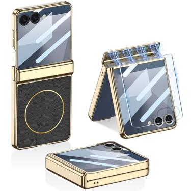 Imagem de Capa de couro magnética para Samsung Galaxy Z Flip 7 com proteção magnética para dobradiça e protetor de tela integrado, [suporta carregamento sem fio] Capa luxuosa à prova de choque para Galaxy Z