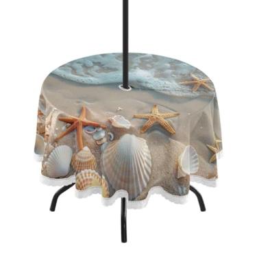 Imagem de Blueangle Toalha de mesa redonda de 152 cm à prova d'água com estrela do mar e coral com orifício para guarda-chuva - Tecido resistente à prova de sol para todos os climas para pátio, acampamento