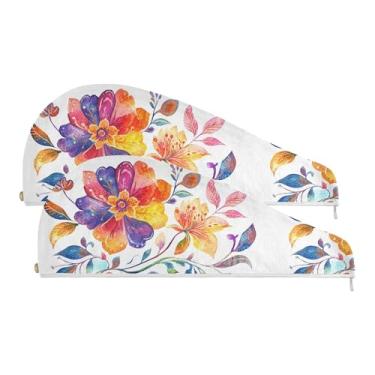 Imagem de SEHANY Toalha de cabelo de microfibra boêmia colorida vintage para mulheres, 2 peças, turbantes de cabelo de secagem rápida com botão, touca de cabelo seco absorvente toalha de secagem de cabelo para