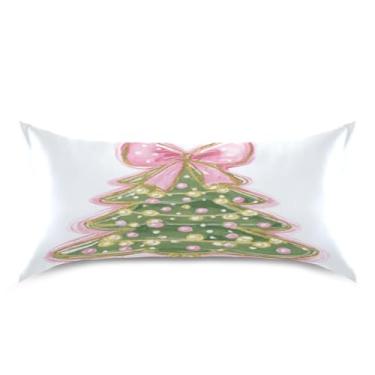 Imagem de ATTX Fronha de almofada de árvore de Natal com laço rosa com fecho de envelope para cabelo e pele, macia, respirável, suave, ambos os lados, capa de almofada de seda refrescante (King 50 cm × 101 cm