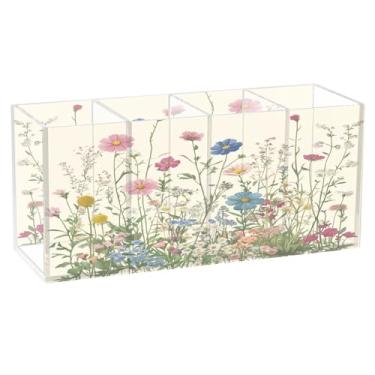 Imagem de SEHANY Porta-canetas de acrílico com flores silvestres coloridas, 4 compartimentos, porta-lápis transparente, organizador de pincéis de maquiagem, organizador de papelaria para escritório, casa
