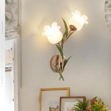 Imagem de Luminária de parede de cabeceira estilo vintage francês - Design floral simples, moderno e criativo em estilo americano | Iluminação ambiente para quarto e sala de estar (luminária de parede