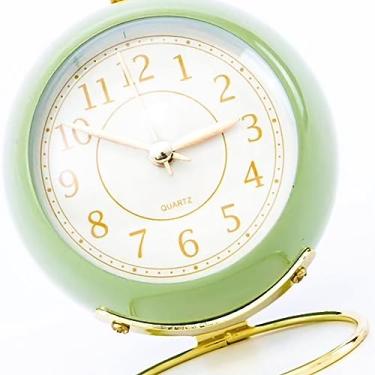 Imagem de Generic Relógio de Mesa Redondo de Metal, Despertador Silencioso de Quartzo Com Luz Noturna para Quarto, Escola, Relógio Pequeno Resistente à Corrosão (Verde Oliva)