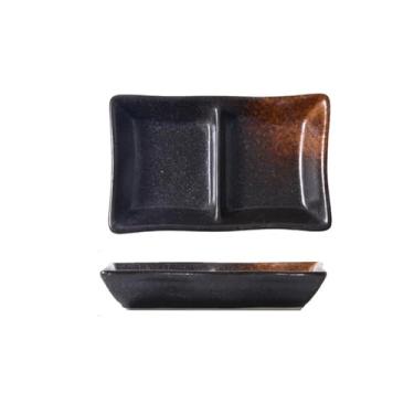 Imagem de Tigela para molho Prato de cerâmica com grade dupla para molho soja, tempero para churrasco, prato para dividir pratos sushi(Black brown)