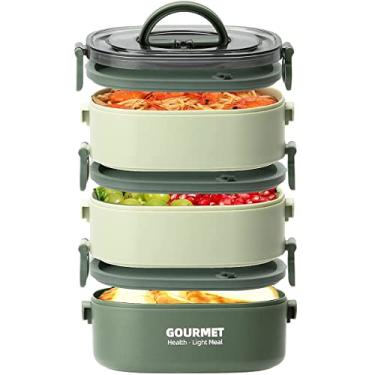 Imagem de Caixa térmica, caixa empilhável removível de 3 camadas para adultos, caixa portátil de 2 L, à prova de vazamento, tampa e garfo de colher dobrável para acampamento na escola (pasta de feijão verde)