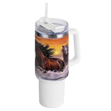 Imagem de Kigai Copo de 1,134 g com tampa e canudo, rebanhos de cavalos de corrida à prova de vazamento, copo com isolamento de aço inoxidável durável com alça, garrafas de água à prova de derramamento para
