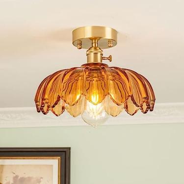 Imagem de Luminária de teto moderna em latão com cúpula de vidro verde em formato de flor e detalhes dourados, ideal para quarto, sala de estar, sala de jantar e corredor (laranja).