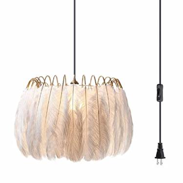 Imagem de Lustre nórdico de penas brancas com cabo de alimentação de 4,5 metros (14,8 pés) e detalhes dourados, ideal para quarto de meninas. Dimensões: 17,7 cm (45 cm).