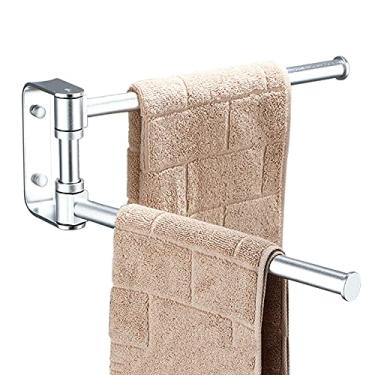 Imagem de Toalheiro Suporte de toalha sem perfuração, barra de toalha montada na parede, adesivo giratório, espaço dobrável, alumínio para banheiro, cozinha, preto_2 braços, ferragens de banheiro/prata/3