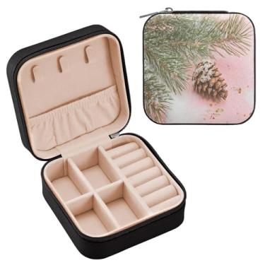 Imagem de Wassud Ramos de pinheiro com cone estojo de joias de viagem para mulheres, meninas, senhoras, noiva, mini organizador de joias de couro PU, caixa quadrada de armazenamento de joias para brincos, anéis