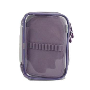 Imagem de Estojo Box Transparente para 50 Pens | Com Divisória e Elástico | Organizador Escolar e de Escritório- 22×15×6 cm cor LILÁS
