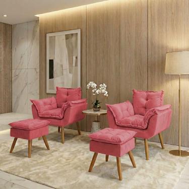 Imagem de Kit 2 Poltronas Decorativa e 2 Puffs Para Sala Recepção Manicure Consultório Quarto Alice Tecido Suede