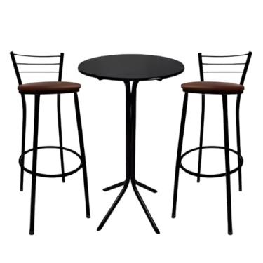 Imagem de Jogo Mesa Bistrô MDF Aço C/ 2 Banquetas Altas Bar Cozinha Balcão Varanda (Marrom)