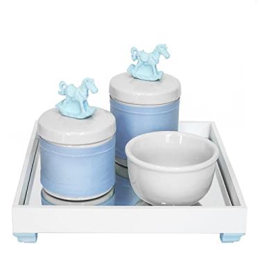 Imagem de Kit Higiene Bebê Potes Porcelanas Molhadeira Cavalinho Azul