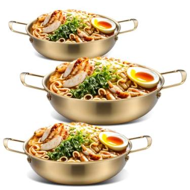 Imagem de 3 potes de macarrão coreano com alças, panela de aço inoxidável para uso diário, panela dourada coreana para sopa, macarrão, macarrão, casa e ao ar livre, lavável na lava-louças, tamanho 17,78 cm, 22