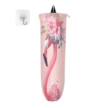 Imagem de Flamingo rosa com porta-sacolas plásticas de flores, suporte de saco de plástico para cozinha, dispensador de suporte de saco de compras de plástico