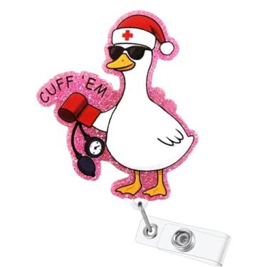 Imagem de Engraçado Cuff 'EM Goose Badge Reel Porta-crachá de enfermeira com clipe jacaré retrátil fofo rosa glitter médico enfermagem decoração para RN CNA LPN trabalhador médico estudante professor