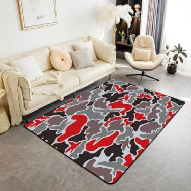 Imagem de jejeloiu Tapete camuflado de pato infantil, 12 x 18 cm, tapete para sala de estar, quarto, meninos, meninas, adolescentes, decoração de quarto de fazenda, vermelho, cinza, preto, macio,