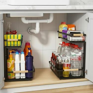 Imagem de whalenoble Organizador embaixo da pia, pacote com 2, organizadores de armário e armazenamento de 2 camadas para cozinha, banheiro, despensa, lavanderia, altura ajustável, prateleira de armazenamento