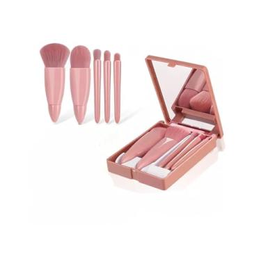 Imagem de Mini Brush Kit 5 Pincéis com Espelho – Kit Portátil para Maquiagem com Nécessaire de Viagem Cor Rosa
