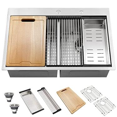 Imagem de Pia de cozinha 30 de aço inoxidável com encaixe duplo - Hovheir 30 × 22 estação de trabalho pia de cozinha tigela dupla com entrada pia de cozinha 50/50 calibre 16 aço inoxidável tigela dupla pia de cozinha com tábua de corte