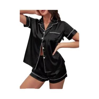 Imagem de Conjunto De Pijamas Femininos De Verão Em Cetim Sólido Confortável Em 