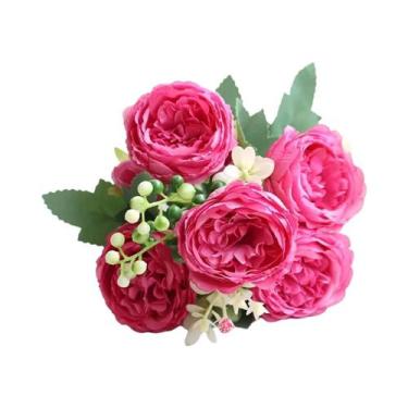 Imagem de Buquê De Flores Artificiais De Rosa E Peônia Com 5 Cabeças Para Decora