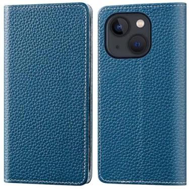 Imagem de KANUZ Capa carteira para Apple iPhone 13 (2021) 6,1 polegadas, padrão de lichia totalmente seguro capa de telefone fólio flip de couro [suporte de cartão] [suporte] (cor: azul)