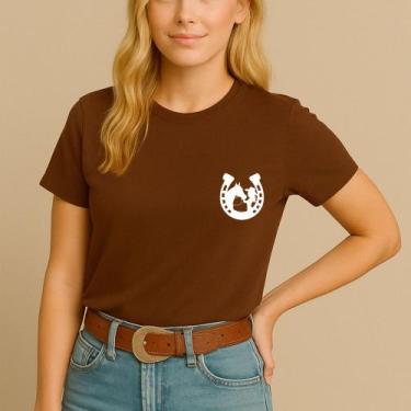 Imagem de Camiseta Agodão Feminina Estamp Ferradura Mulher Cavalo Garota Manga C