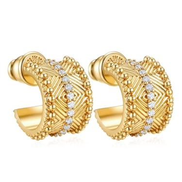 Imagem de Brincos femininos banhados a ouro 14 quilates de prata esterlina 925 | Brincos de pressão da moda, Small, Latão, Zircônia cúbica