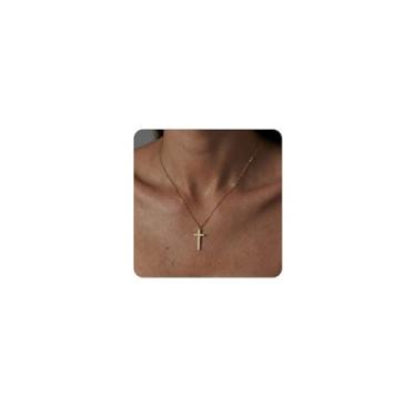 Imagem de Pencros Colar de cruz simples com pingente de crucifixo preenchido em ouro 18 K com cruz delicada para mulheres, 1, Latão, Sem Pedra Preciosa